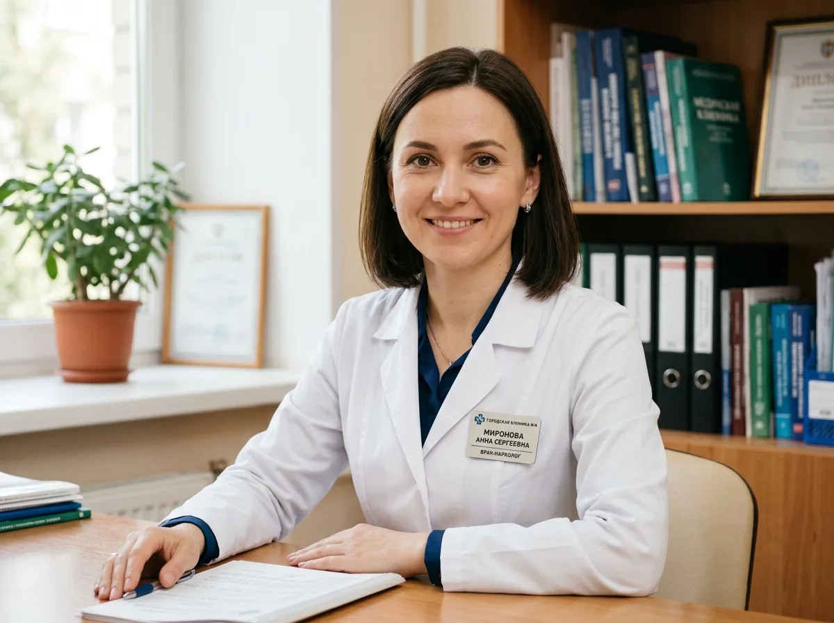 Портрет врача-нарколога Миронова Анна Сергеевна, женщина 35 лет, белый халат, доброжелательный профессиональный взгляд